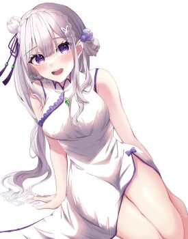 1girl :d alternate_costume arm_support bare_arms bare_shoulders blush braid breasts china_dress chinese_clothes commentary_request crown_braid dress elf emilia_(re:zero) flower gem green_gemstone grey_hair hair_between_eyes hair_bun hair_flower hair_ornament hair_ribbon highres jewelry large_breasts long_hair looking_at_viewer maria_0422 necklace open_mouth pointy_ears purple_eyes purple_ribbon re:zero_kara_hajimeru_isekai_seikatsu ribbon signature simple_background single_side_bun sitting sleeveless sleeveless_dress smile solo twitter_username very_long_hair white_background white_dress white_flower