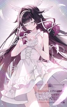 Rule 34 | 1girl, bare shoulders, black hair, closed eyes, closed mouth, columbina (genshin impact), commentary, dress, eye mask, feathers, frilled wrist cuffs, frills, genshin impact, gradient hair, hair ornament, hair ribbon, head wings, highres, long hair, mask, multicolored hair, pearl hairband, pink hair, ribbon, see-through clothes, see-through mask, sleeveless, sleeveless dress, smile, solo, streaked hair, symbol-only commentary, tsukimori mochi, two-tone hair, white dress, white mask, white wings, wings, wrist cuffs