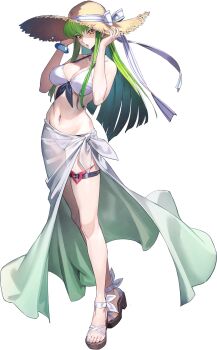 1girl armband bikini breasts c.c. code_geass code_geass:_genesic_re;code green_hair hat highres long_hair medium_breasts navel official_art open_mouth simple_background solo straw_hat swimsuit thigh_strap transparent_background visor_cap white_bikini yellow_eyes