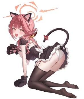 1girl absurdres animal_ear_hairband animal_ears animal_hands aru_(blue_archive) black_dress black_garter_straps black_thighhighs blue_archive breasts brown_horns cat_ear_hairband cat_ears cat_paws cat_tail commentary demon_horns dress fake_animal_ears garter_straps gloves hairband halo highres horns kneeling large_breasts long_hair looking_at_viewer low_horns okkimon open_mouth orange_halo panties paw_gloves pink_hair simple_background solo tail thighhighs underwear white_background white_panties yellow_eyes