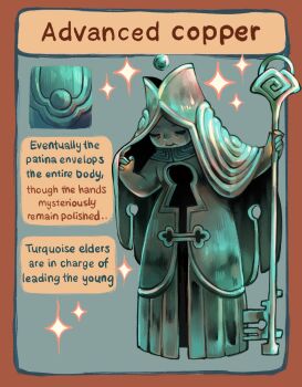 Rule 34 | 1girl, closed eyes, closed mouth, colored skin, copper (metal), dress, english text, feefal, full body, green skin, highres, key, keyhole, metal skin, monster girl, old, old woman, original, personification, sparkle