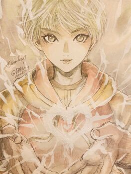 1girl commentary_request electricity electrokinesis eyelashes heart highres hood hood_down hoodie huang_pao-lin natsuna_(ja727) short_hair signature solo textless_version tiger_&amp;_bunny upper_body very_short_hair