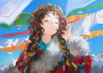 1girl absurdres blue_sky braid brown_hair closed_eyes closed_mouth cloud day ddal facing_viewer fur-trimmed_sleeves fur_trim hair_over_shoulder hand_up headpiece highres japanese_clothes kimono long_hair low_twintails mountain original outdoors red_kimono sky smile snow solo thick_eyebrows twin_braids twintails
