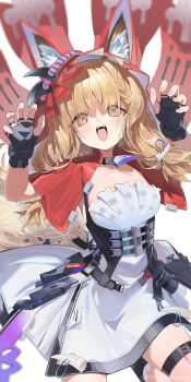 1girl absurdres animal_ear_fluff animal_ears arknights arknights:_endfield berserker_r black_gloves blonde_hair cape chinese_commentary commentary_request dress ears_through_hood fingerless_gloves gloves highres hood hooded_cape jewelry long_hair looking_at_viewer low-tied_sidelocks necklace open_mouth red_cape rossi_(arknights) sidelocks solo tail tooth_necklace white_dress wolf_ears wolf_girl wolf_tail
