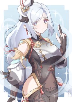 Rule 34 | 1girl, black gloves, bodysuit, breast curtain, breasts, closed mouth, clothing cutout, commentary request, earrings, genshin impact, gloves, gold trim, grey eyes, grey hair, hand up, hip vent, jewelry, large breasts, long hair, looking at viewer, mako (cvyt5325), partially fingerless gloves, shenhe (genshin impact), smile, solo, tassel, tassel earrings, very long hair