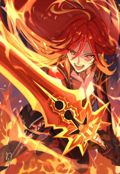 1girl a_thousand_blazing_suns_(genshin_impact) ahoge biker_clothes bikesuit black_bodysuit black_gloves bodysuit breasts cleavage commentary_request earrings fighting_stance fire floating_hair foot_out_of_frame genshin_impact gloves greatsword hair_between_eyes highres holding holding_sword holding_weapon large_breasts long_hair looking_at_viewer mavuika_(genshin_impact) multicolored_hair oiro_ik open_mouth orange_eyes orange_hair orange_pupils pyrokinesis red_hair solo sun_earrings sword symbol_in_eye weapon