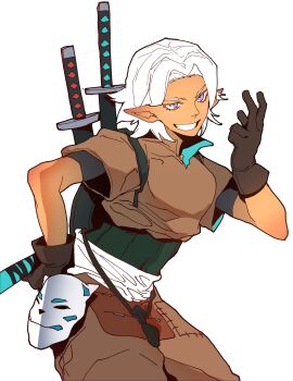 1girl absurdres breasts brown_gloves brown_pants brown_shirt closed_mouth collared_shirt covered_navel cowboy_shot dark-skinned_female dark_skin eyelashes forehead gloves grin hand_up haramaki head_tilt highres isaacchief300 katana layered_clothes layered_sleeves leather leather_gloves looking_to_the_side mask medium_breasts multiple_swords original pants parted_hair patchwork_clothes pointy_ears popped_collar purple_eyes sash sheath sheathed shield shield_on_back shirt shirt_tucked_in short_hair short_sleeves simple_background smile solo standing strap sword sword_on_back unworn_mask w weapon weapon_on_back white_background white_hair white_sash