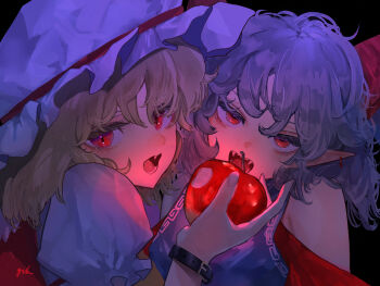 2girls apple bare_shoulders blonde_hair blue_dress blue_hair breasts commentary_request curly_hair dress earrings eneshi eyelashes fang fangs flandre_scarlet food fruit hat hat_ribbon highres holding holding_food holding_fruit horns jewelry looking_at_viewer medium_breasts mob_cap multiple_girls open_mouth pointy_ears portrait puffy_short_sleeves puffy_sleeves rectangular_pupils red_eyes red_horns red_ribbon ribbon short_hair short_sleeves signature touhou toutetsu_yuuma white_hat wrist_belt