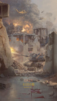 Rule 34 | 2025, absurdres, ah-64 apache, aircraft, attack helicopter, blood, building, commentary, dated, english commentary, english text, explosion, gaza, helicopter, highres, israel, israel-hamas war, israel defense forces, jeffholy, merkava (tank), military vehicle, motor vehicle, no humans, original, palestine, pile of skulls, rubble, ruins, scenery, signature, skull, smoke, tank, war