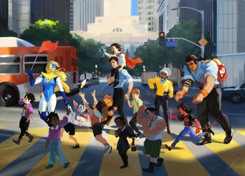 5girls 6+boys absurdres aethash aged_down animal_ears bat_boy bat_ears biceps black_hair black_shirt blonde_blazer blonde_hair blue_shirt cape chase_(dispatch) commentary coupe_(dispatch) crosswalk demon_girl demon_horns dispatch english_commentary facial_hair flag flambae_(dispatch) food furry furry_male golem_(dispatch) highres holding holding_flag holding_hands horns ice_cream invisigal looking_at_another malevola_(dispatch) multiple_boys multiple_girls mustache phenomaman pink_sweater prism_(dispatch) punch_up_(dispatch) red_cape robert_robertson royd_(dispatch) shirt sitting_on_shoulder sonar_(dispatch) superhero_costume sweater tank_top waterboy_(dispatch) white_hair white_tank_top yellow_sweater