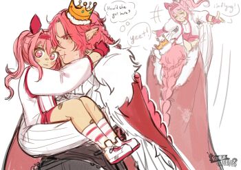 1boy 1girl :d :| ^_^ absurdres alternate_breast_size_(smaller) animal_ears ankle_socks artist_name bandaid bandaid_on_leg black_pants bloomers blush_stickers boots braid braided_ponytail cape carrying closed_eyes closed_mouth commentary cowboy_shot crossover crown ear_piercing english_commentary english_text exocorpse facing_another fingerless_gloves flat_chest forehead full_body fur-trimmed_cape fur-trimmed_crown fur_trim gloves hair_between_eyes haru_urara_(umamusume) headband highres horse_ears horse_girl jacket lifting_person light_frown long_hair looking_ahead looking_at_viewer minecraft_youtube open_mouth pants piercing pink_bloomers pink_eyes pink_gloves pink_hair pink_headband pink_trim pointy_ears princess_carry red_cape red_eyes scar scar_on_face scar_on_mouth shirt sidelocks signature simple_background sketch smile socks speech_bubble sweat technoblade thought_bubble umamusume underwear watermark white_background white_boots white_jacket white_shirt white_socks