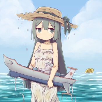 1girl cloud commentary_request dress hair_between_eyes hat henkei_shoujo holding long_hair military_vehicle nana_(henkei_shoujo) ocean ribbon ship sky standing straw_hat sun_hat sundress very_long_hair warship water watercraft white_dress yoshi_(crossmind)