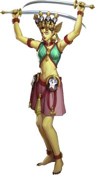 1girl anklet artist_request bead_anklet bead_armlet bead_bracelet bead_necklace beads black_claws black_hair bracelet breasts colored_skin dakini_(megami_tensei) demon_(megami_tensei) dual_wielding earrings forehead_jewel highres holding holding_sword holding_weapon jewelry navel necklace official_art persona persona_5 persona_5:_the_phantom_x red_eyes red_skirt shin_megami_tensei skirt solo sword third-party_source transparent_background weapon yellow_skin