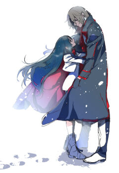 Rule 34 | 10s, 1boy, 1girl, black hair, boots, breath, brown eyes, brown hair, coat, cropped jacket, do nko, eye contact, footprints, hands in pockets, height difference, hetero, hug, jacket, long coat, long hair, looking at another, looking down, looking up, minashiro orihime, minashiro soushi, open clothes, open coat, pants, sidelocks, skirt, smile, snow, snowing, soukyuu no fafner, uncle and niece, uniform, white background