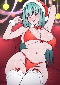 1girl bikini breasts christmas commentary english_commentary hat long_hair looking_at_viewer red_bikini santa_bikini santa_costume santa_hat smile solo swimsuit thighhighs