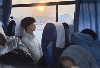 4boys black_hair blanket building bus_interior city cloud cloudy_sky collared_shirt curtains highres hood hooded_jacket jacket long_sleeves male_focus multiple_boys o_kizo original profile shirt short_hair sky sleeping sun unworn_jacket white_shirt