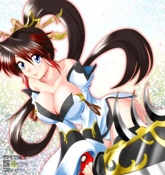 Rule 34 | 1girl, artist name, black hair, blue eyes, boots, breasts, cleavage, commentary, dress, highres, holding, holding sword, holding weapon, large breasts, long hair, multicolored hair, nanbu kaguya, negimura kisara, ponytail, red hair, smile, solo, super robot wars, super robot wars og saga mugen no frontier, super robot wars og saga mugen no frontier exceed, sword, thigh boots, two-tone hair, weapon, white dress