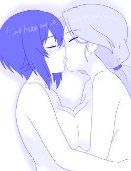 2girls absurdres blush breast_press breasts closed_eyes commentary_request french_kiss girls_und_panzer highres kiss large_breasts long_hair monochrome multiple_girls nishizumi_maho nude piyotan_(girls_und_panzer) shira14 short_hair symmetrical_docking tongue yuri