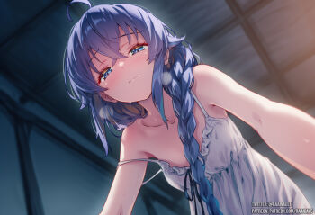 1girl ahoge blue_eyes blush braid braided_ponytail closed_mouth collarbone dot_nose dress female_focus flat_chest highres imminent_fellatio imminent_kiss imminent_penetration imminent_vaginal loli long_hair looking_at_viewer mushoku_tensei nightgown no_bra pov raaivault roxy_migurdia sexually_suggestive skirt sleeveless sleeveless_dress solo solo_focus strap_slip sweat sweatdrop very_long_hair white_dress white_skirt