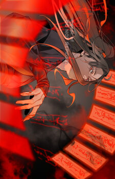 Rule 34 | 1boy, aura, black hair, black hanfu, black smoke, blurry, blurry foreground, brown hair, chinese clothes, commentary request, energy, fighting stance, floating, floating hair, floating object, floating weapon, hair over mouth, hanfu, highres, long hair, long sleeves, looking at viewer, male focus, modao zushi, ofuda, ponytail, red eyes, red sash, red theme, robe, sash, sideways, solo, talisman, twitter username, upper body, watermark, wei wuxian, ykmr (haga)