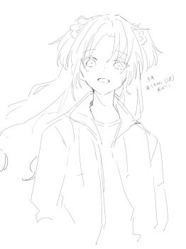 1girl alternate_costume character_age collared_jacket flower greyscale hair_flower hair_ornament highres jacket lineart link!_like!_love_live! long_hair long_sleeves looking_at_viewer love_live! monochrome open_clothes open_jacket open_mouth osawa_rurino parted_bangs roku_aya_fuyu shirt simple_background solo translation_request twintails virtual_youtuber white_background