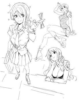 1girl absurdres arm_up bag bangle banknote bare_legs bikini bracelet breasts camisole cleavage closed_mouth collarbone collared_shirt commentary daniel_deng elbow_rest english_commentary full_body hand_on_own_cheek hand_on_own_face head_rest high_heel_sandals highres holding holding_bag holding_money invisible_chair jewelry large_breasts legs log_pose long_hair medium_breasts miniskirt money monochrome multiple_views nami_(one_piece) necktie official_alternate_costume official_alternate_hair_length official_alternate_hairstyle one_piece pleated_skirt sandals shirt short_hair shoulder_tattoo single_sidelock sitting sketch skirt smile sparkle sparkling_eyes standing swimsuit tattoo tongue tongue_out upper_body wavy_hair white_background