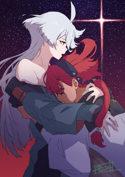 2girls asticassia_school_uniform bare_shoulders black_hairband black_pantyhose closed_eyes commentary_request green_jacket grey_eyes grey_hair gundam gundam_suisei_no_majo hairband highres hug jacket long_hair miorine_rembran monto_(user_dmde2437) multiple_girls open_mouth pantyhose ponytail red_hair school_uniform space star_(sky) suletta_mercury white_jacket yuri