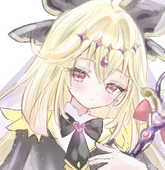 Rule 34 | 1girl, black bow, black capelet, blonde hair, blush, bow, brooch, capelet, closed mouth, commentary request, crossed bangs, cure arcana shadow, diamond hairband, dot nose, earrings, expressionless, hair between eyes, hair bow, hair intakes, head tilt, heart, heart brooch, highres, holding, holding staff, jewelry, long hair, looking at viewer, meitantei precure!, moria luluka, precure, purple eyes, purple veil, simple background, solo, staff, tear arcana rod, teruteruteru190, upper body, veil, white background