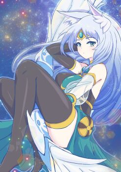 1girl absurdres animal_ear_fluff animal_ears apollousa_bow_of_the_goddess bare_shoulders black_thighhighs blue_hair bow_(weapon) breasts duel_monster forehead_jewel green_eyes highres large_breasts long_hair looking_at_viewer nasubi3632 solo star_(sky) thighhighs weapon yu-gi-oh!