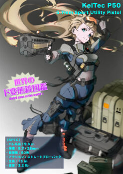 1girl aiming ammunition blonde_hair blue_eyes box breasts bullpup english_text explosive flashbang fn_5.7x28mm fn_herstal goggles goggles_on_head grenade gun hand_grenade handgun handgun_cartridge headset high-capacity_magazine holster horizontal_magazine japanese_text kel-tec kel-tec_p50 leg_holster less-than-lethal_weapon lithe long_hair m84_stun_grenade microphone military military_uniform mixed-language_text original p90 pdw-caliber_pistol pdw_cartridge petite pistol pistol_cartridge see-through_clothes shuna_tawa small_breasts stun_grenade submachine_gun translucent trigger_discipline very_long_hair weapon weapon_focus weapon_profile weird_guns_of_the_world