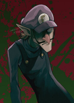 1boy big_nose black_overalls brown_hair buttons constricted_pupils dated facial_hair gold_buttons green_background hat long_sleeves male_focus mario_(series) mustache newsboy_cap nintendo nose overalls pointy_ears purple_hat purple_shirt red_background shade shigeshiro_hideto shirt signature solo two-tone_background upper_body waluigi