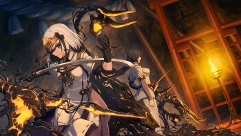 Rule 34 | 2girls, aradama (toji no miko), black gloves, black hair, blunt bangs, breasts, brown eyes, closed mouth, colored tips, dress, dutch angle, game cg, gloves, grey hair, headpiece, holding, holding sword, holding weapon, jacket, katana, large breasts, long hair, medium breasts, medium hair, multicolored hair, multiple girls, non-web source, official alternate costume, official art, origami yukari, pants, satsuki yomi, standing, sword, toji no miko, toji no miko: kizamishi issen no tomoshibi, torch, weapon, white dress, white jacket, white pants