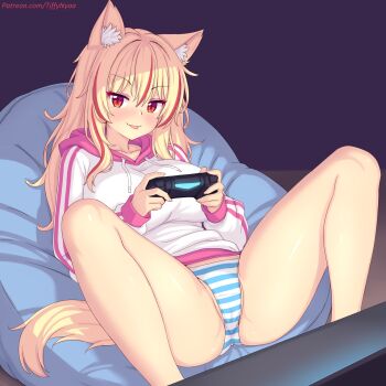 1girl :p animal_ear_fluff animal_ears blonde_hair blush breasts cat_ears cat_girl cat_tail commentary controller english_commentary game_controller highres holding holding_controller holding_game_controller jacket large_breasts long_sleeves lying multicolored_hair no_pants nottytiffy on_back original paid_reward_available panties patreon_username red_eyes red_hair smile solo spread_legs streaked_hair striped_clothes striped_panties tail thighs tiffy_(nottytiffy) tongue tongue_out underwear white_jacket