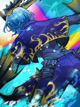 1boy blue_hair blue_pants blue_shirt blue_skin blue_tongue colored_skin colored_tongue commentary commentary_request deep_blue_(ff14) english_commentary final_fantasy final_fantasy_xiv fins fish_boy from_side highres horns mixed-language_commentary monster_boy open_mouth pants shiroesa shirt short_hair solo spines tongue water