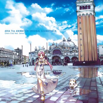 1girl absurdres album_cover amano_kozue aria_(manga) aria_company_uniform aria_pokoteng bird blouse blush church city clothing_cutout cloud cover day dome dress hair_tubes highres long_dress mizunashi_akari official_art outdoors piazza_san_marco pigeon pink_hair puddle reflection sailor_collar scenery shirt short_hair_with_long_locks short_sleeves side_slit sidelocks skipping sky smile solo tower twintails venice water wet_floor white_dress white_shirt