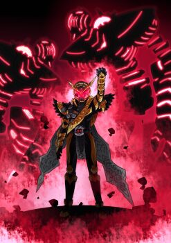 1boy 2018 armor aura black_armor black_footwear black_gloves boots clock clock_hands commentary_request cowboy_shot rider_belt full_body gloves gold_armor gold_trim golem highres kamen_rider kamen_rider_zi-o_(series) long_coat male_focus otokamu ouma_zi-o powering_up red_eyes rider_belt rider_watch robot summoning tokusatsu vest waistcoat ziku_driver