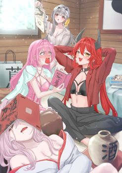 4girls absurdres alternate_costume arms_behind_head bag bandaged_head bandages barcode barefoot black_hair black_pants blush book book_on_head bra breasts bustier choker cleavage collarbone commentary_request corset couch cushion dorothy_(nikke) dress drunk fang goddess_of_victory:_nikke grey_hair hair_between_eyes hair_ribbon halterneck highres holding holding_book holding_magazine horns indoors jacket japanese_clothes jug_(bottle) kimono large_breasts long_hair long_sleeves looking_at_another lying magazine_(object) mechanical_horns midriff modernia_(first_affection)_(nikke) modernia_(nikke) multiple_girls navel object_on_head off_shoulder official_alternate_costume on_back on_couch open_mouth pants partially_unbuttoned picture_frame pink_dress pink_hair pornography red_eyes red_hair red_hood_(nikke) red_jacket ribbon rilyriri saliva scarlet_(black_shadow)_(longing_flower)_(nikke) scarlet_(black_shadow)_(nikke) scarlet_(nikke) shirt shirt_on_shoulders shopping_bag sitting skin_fang smile strap sweat underwear very_long_hair white_shirt wide-eyed window yellow_eyes