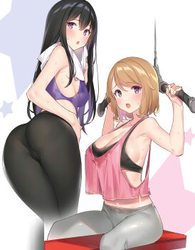 2girls armpits arms_up ass bare_arms bare_shoulders black_hair black_pants blush breasts cleavage collarbone crop_top crop_top_overhang detexted exercising grey_pants highres large_breasts leaning_forward light_brown_hair long_hair looking_at_viewer looking_back medium_breasts midriff multiple_girls non-web_source novel_illustration official_art open_mouth pants pantylines pink_shirt popqn purple_eyes purple_shirt ryoute_ni_imouto_docchi_wo_erande_kuremasuka shirt short_hair siblings sideboob sidelocks sisters sitting sleeveless sleeveless_shirt sports_bra stain sweat thighs third-party_edit tsukishiro_momiji tsukishiro_sumire yoga_pants