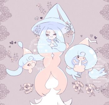 black_eyes blush closed_mouth colored_skin commentary evolutionary_line flower gen_8_pokemon hair_over_eyes hatenna hatterene hattrem heart looking_at_viewer miikagell nintendo open_mouth pink_background pink_skin pokemon pokemon_(creature) smile symbol-only_commentary