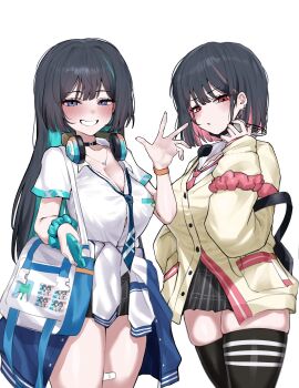 2girls absurdres aqua_hair bag black_choker black_hair black_skirt black_survival black_thighhighs blue_eyes blue_necktie breasts button_gap cardigan choker cleavage clothes_around_waist collared_shirt colored_inner_hair cowboy_shot debi_(after_school)_(black_survival) debi_(black_survival) dress_shirt eternal_return:_black_survival frown grin hahyaha hand_up headphones headphones_around_neck highres jacket jacket_around_waist jewelry large_breasts long_hair looking_at_viewer marlene_(after_school)_(black_survival) marlene_(black_survival) mask mask_pull miniskirt mouth_mask multicolored_hair multiple_girls necklace necktie official_alternate_costume parted_lips pink_hair pink_necktie pleated_skirt red_eyes school_bag school_uniform scrunchie shirt short_hair simple_background skindentation skirt smile streaked_hair thighhighs thighs two-tone_hair white_background wrist_scrunchie yellow_cardigan zettai_ryouiki