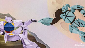 2others artist_name commentary_request fine_art_parody gundam highres mecha mecha_focus mobile_suit moon multiple_others no_humans parody robot science_fiction signature the_creation_of_adam turn_a_gundam turn_a_gundam_(mobile_suit) turn_x twitter_username yatta_kita yellow_eyes