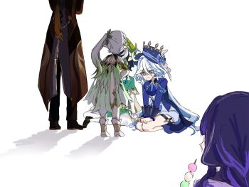 2boys 3girls apologizing artist_request furina_(genshin_impact) genshin_impact hat heterochromia highres kneeling multiple_boys multiple_girls nahida_(genshin_impact) purple_hair raiden_shogun standing venti_(genshin_impact) white_hair zhongli_(genshin_impact)