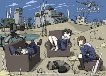 asakusa_midori city couch eizouken_ni_wa_te_wo_dasu_na! end_card glasses hat kanamori_sayaka mizusaki_tsubame plane raccoon school_uniform tsukumizu_yuu windmill