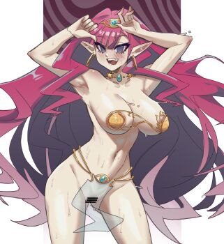 1girl absurdres areola_slip arms_up baobhan_sith_(fate) bar_censor breasts censored commentary commission dancer earrings english_commentary fang fate/grand_order fate_(series) highres jewelry konaloid large_breasts long_hair looking_at_viewer navel open_mouth pelvic_curtain pink_hair pussy see-through_clothes see-through_pelvic_curtain smile solo sweat