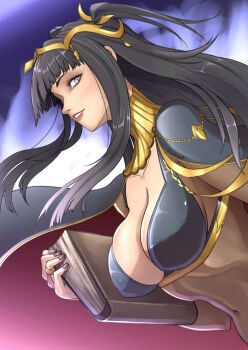 1girl bodystocking book breasts cape cleavage covered_navel female_focus ferdnay ferdnayart fire_emblem fire_emblem_awakening highres large_breasts long_hair looking_at_viewer nail_polish nintendo purple_eyes skindentation solo tharja_(fire_emblem) upper_body