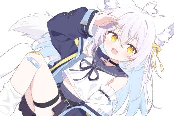 Rule 34 | 1girl, :d, ahoge, animal ear fluff, animal ears, asymmetrical legwear, bandaid, bandaid on knee, bandaid on leg, bare shoulders, black choker, black jacket, black ribbon, black sailor collar, blue skirt, blush, choker, commentary request, fang, feet out of frame, fox ears, fox girl, fox tail, hair between eyes, hair ribbon, hand up, heart, heart ahoge, highres, jacket, long hair, looking at viewer, neck ribbon, open clothes, open jacket, open mouth, original, pleated skirt, ribbon, sailor collar, shirt, simple background, single sock, single thighhigh, skin fang, skirt, sleeveless, sleeveless shirt, smile, socks, solo, tail, thigh strap, thighhighs, urotsuki (ku9625), white background, white hair, white shirt, white socks, white thighhighs, yellow eyes, yellow ribbon