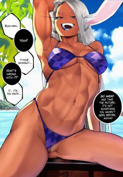 1girl :d abs absurdres animal_ears arm_up armpits artist_logo artist_name bikini bikini_bottom_aside blue_sky boku_no_hero_academia breasts censored clauschristmas clothing_aside cloud collarbone commentary dark-skinned_female dark_skin english_commentary half-closed_eyes highres logo long_eyelashes long_hair looking_at_viewer medium_breasts mirko mosaic_censoring navel open_mouth outdoors parted_bangs print_bikini pussy pussy_peek rabbit_ears rabbit_girl red_eyes sitting sky smile solo speech_bubble spread_legs stomach swimsuit teeth thick_thighs thighs toned toned_female very_long_hair wardrobe_malfunction water white_hair