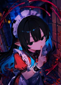 1girl absurdres alley apron black_hair blood blood_splatter blood_spray blue_hair brooch buttons closed_mouth collared_dress colored_inner_hair commentary_request double-parted_bangs dress finger_to_mouth gozenjuziame highres holding holding_weapon jewelry maid maid_headdress multicolored_hair night original pointy_ears puffy_short_sleeves puffy_sleeves red_dress red_nails short_sleeves shushing tsurime weapon white_apron wrist_cuffs