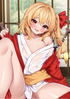 Rule 34 | 1girl, alternate costume, blonde hair, bow, collarbone, commentary request, corrupted twitter file, crystal wings, fang, flandre scarlet, hair bow, head tilt, japanese clothes, kimono, knee up, long sleeves, looking at viewer, naked kimono, new year, off shoulder, red bow, red eyes, red kimono, sash, shironeruka, side ponytail, single off shoulder, thighs, tongue, tongue out, touhou, wings, yellow sash