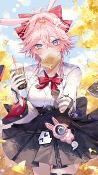 1girl absurdres animal_ears asymmetrical_gloves black_gloves blue_eyes bow bowtie commentary cup disposable_cup drinking_straw evanescia_(honkai:_star_rail) falling_leaves flower food_in_mouth fox_ears fox_girl gloves hair_between_eyes hair_flower hair_ornament highres holding holding_cup honkai:_star_rail honkai_(series) leaf long_sleeves looking_at_viewer mismatched_gloves mouth_hold outdoors pink_hair reaching reaching_towards_viewer red_bow red_bowtie shirt short_hair sky solo taya_oco white_gloves white_shirt
